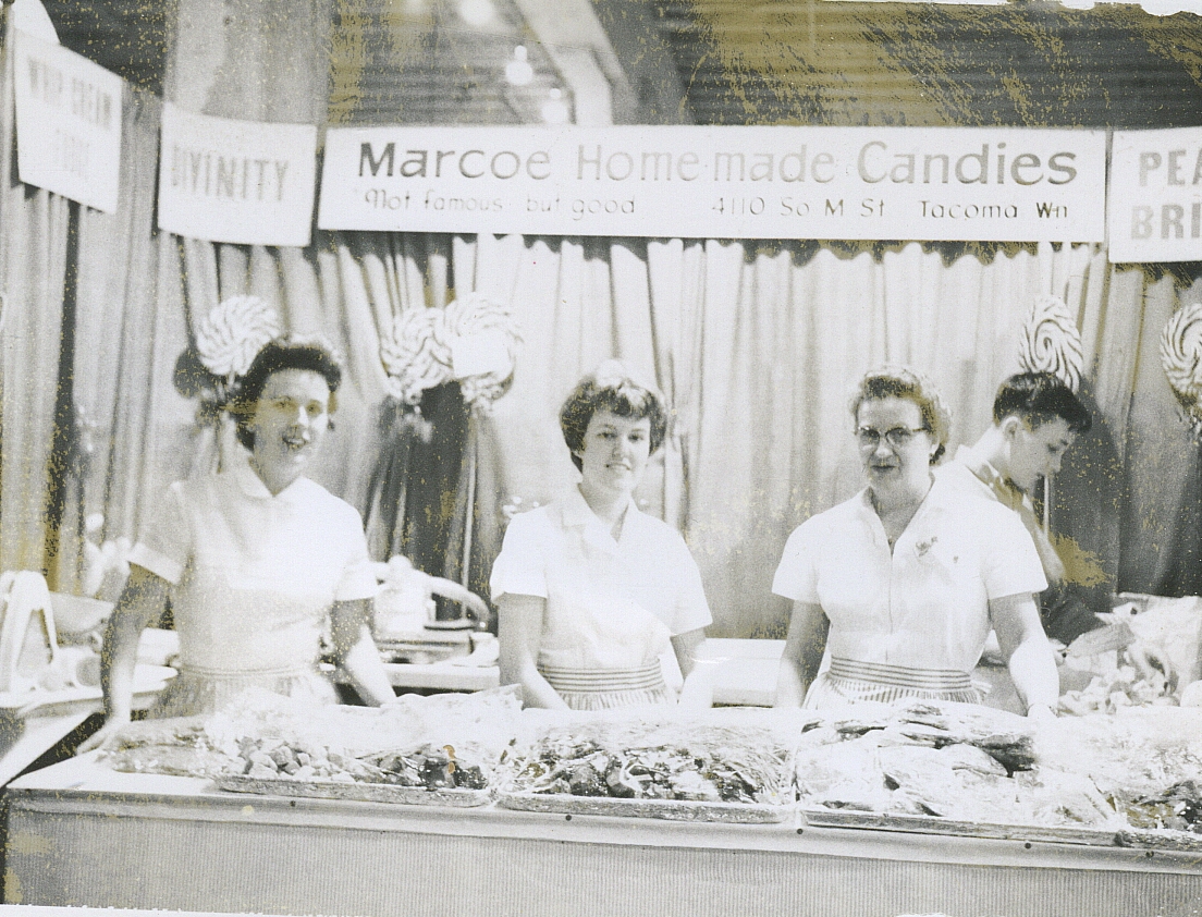Aunt Pat with a tray of fresh Marcoe candy.