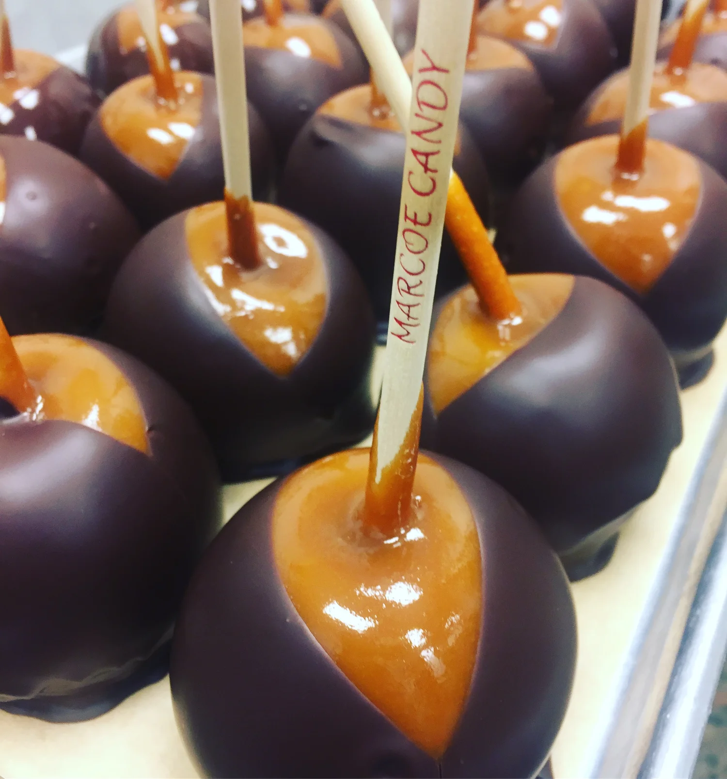 A tray of Marcoe caramel apples hand-dipped in dark chocolate.