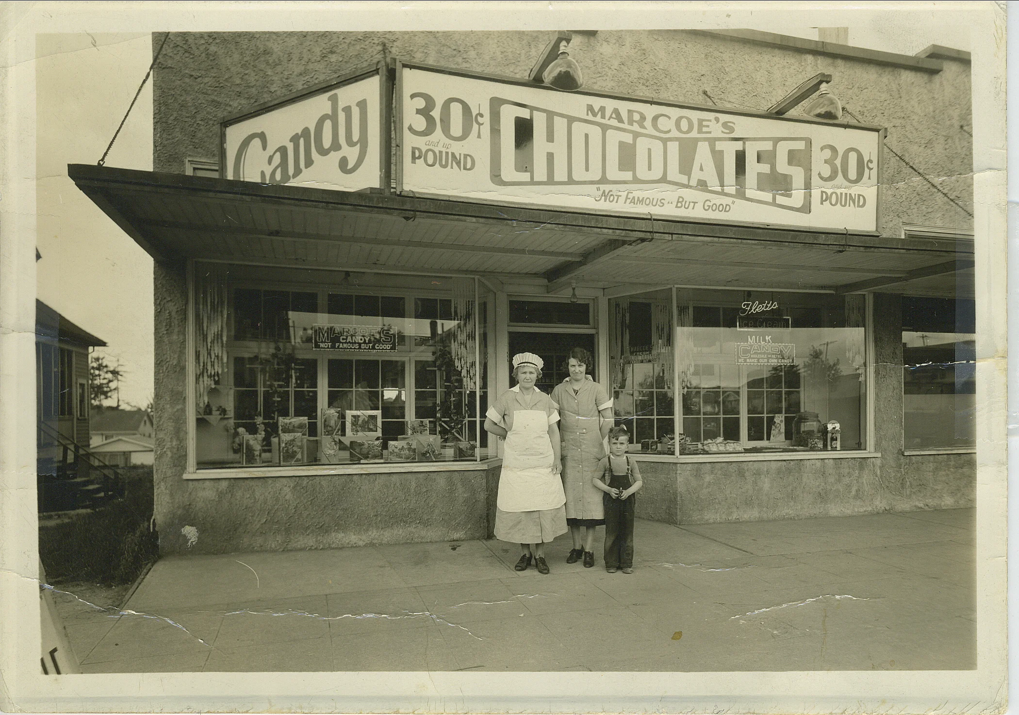 Dora Marcoe outside the original Marcoe's Candy store on South M Street in Tacoma, circa 1935.