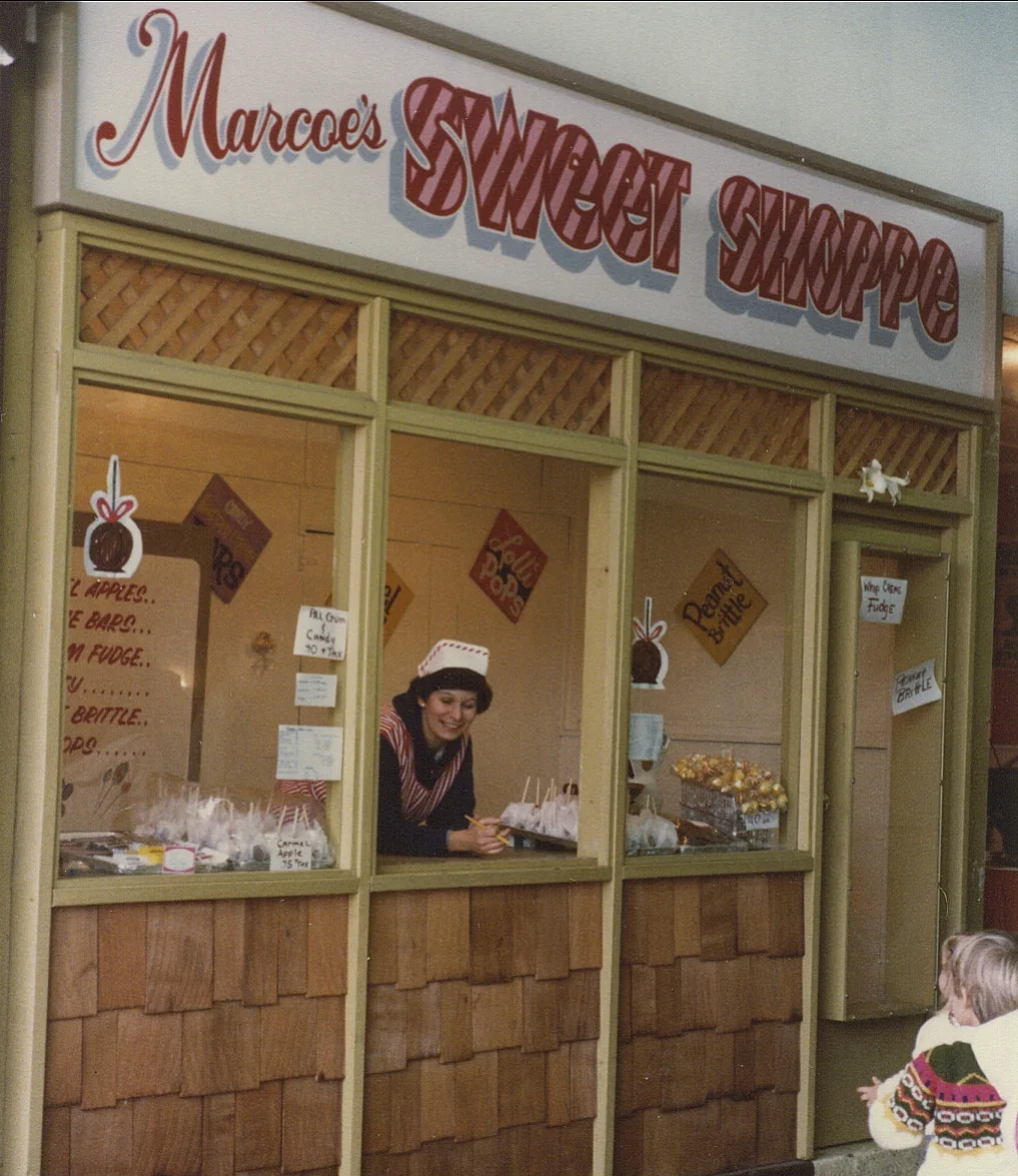 Caramel apples lined up at the Marcoe fair stand.