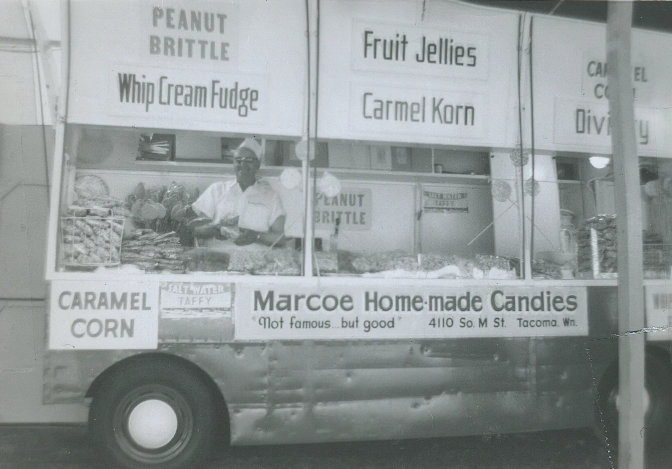 The vintage Marcoe's Candy fair trailer.